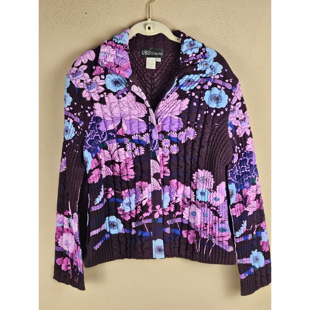 UBU I'll Be Me Womens Purple Floral Quilted Crinkle Jacket Large